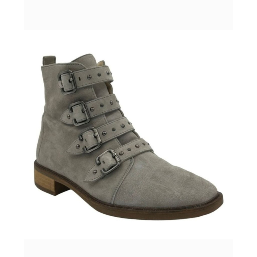 PAUL GREEN NWOB Anne Studded Cloud Gray Suede Buckle Biker Moto Boots Size 8.5